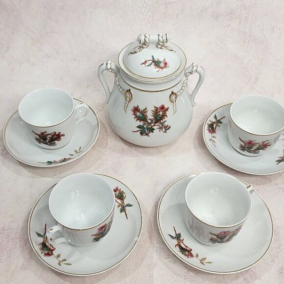 1800s HAVILAND & Co LIMOGES Moss Rose Lg. Sugar & lid 4 tea Cups Rope & Anchor - Picture 2 of 16